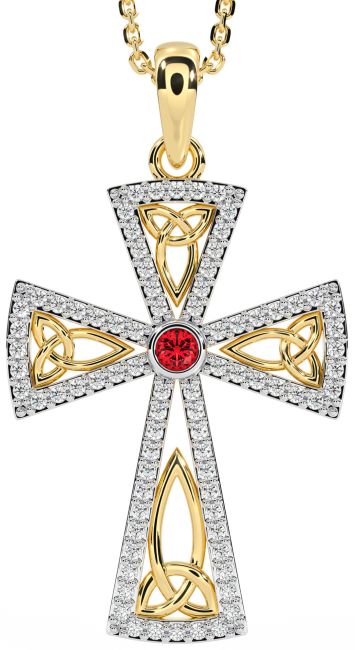 Diamond Ruby Gold Celtic Cross Trinity Knot Necklace