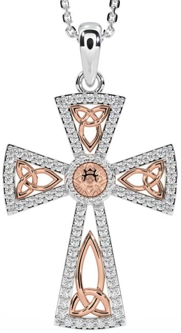 Diamond Rose Gold Silver Celtic Cross Trinity Knot Necklace