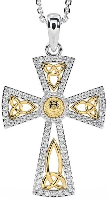 Diamond Gold Silver Celtic Cross Trinity Knot Necklace