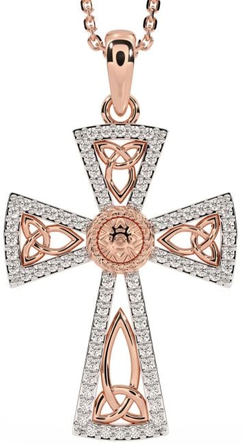 Diamond Rose Gold Silver Celtic Cross Trinity Knot Necklace