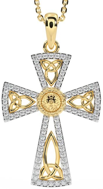 Diamond Gold Silver Celtic Cross Trinity Knot Necklace