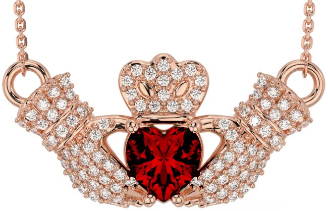 Diamond Garnet Rose Gold Silver Claddagh Necklace