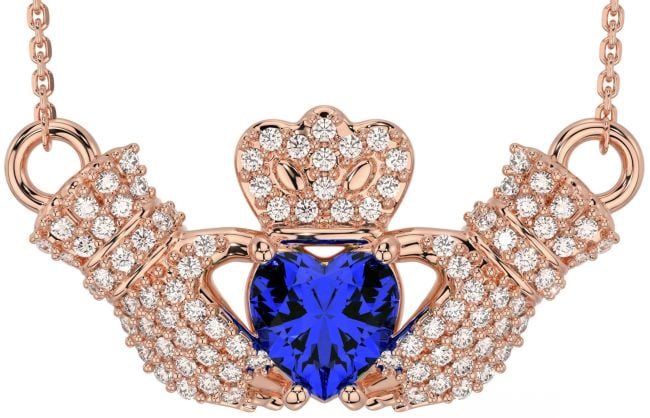 Diamond Sapphire Rose Gold Silver Claddagh Necklace