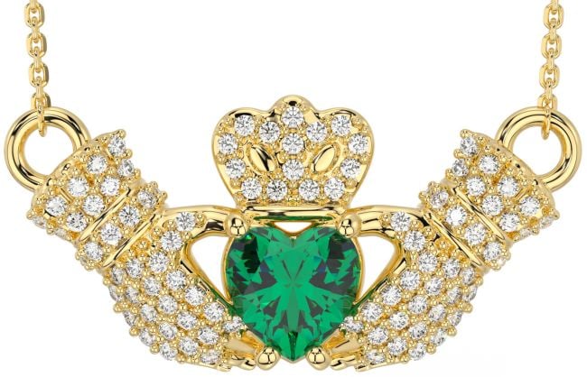 Diamond Emerald Gold Silver Claddagh Necklace