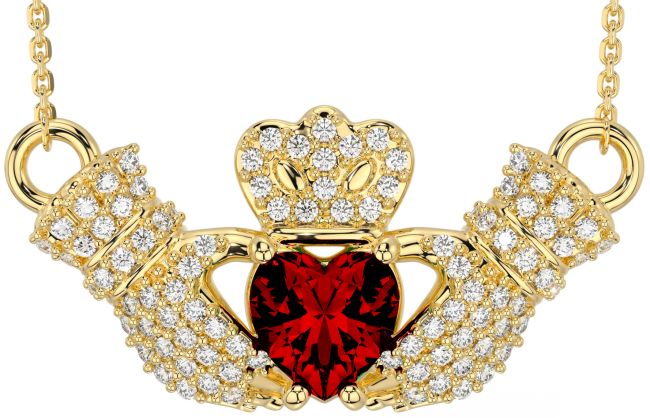 Diamond Garnet Gold Silver Claddagh Necklace