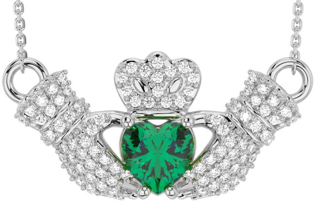 Diamante Esmeralda Prata Claddagh Colar