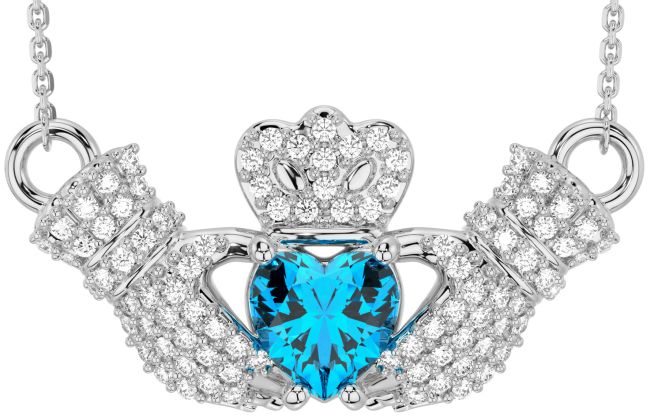 Diamond Topaz Silver Claddagh Necklace