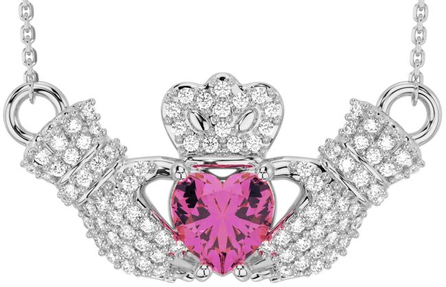 Diamond Pink Tourmaline White Gold Claddagh Necklace