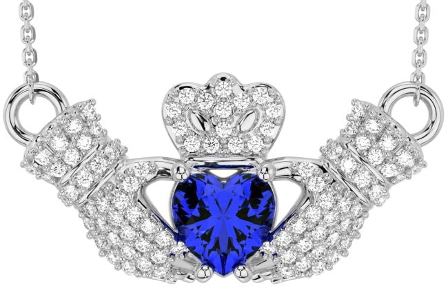 Diamond Sapphire White Gold Claddagh Necklace