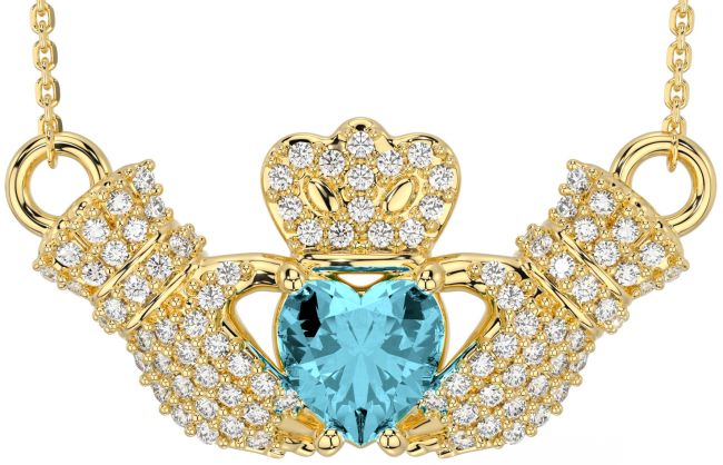 Diamond Aquamarine Gold Claddagh Necklace