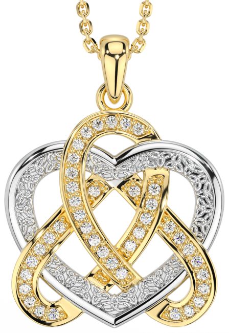 Diamond White Yellow Gold Celtic Trinity Knot Heart Necklace