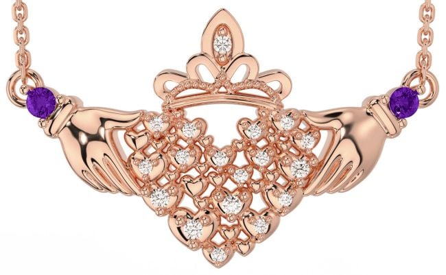 Diamond Amethyst Rose Gold Claddagh Necklace