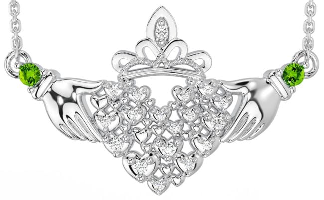 Diamond Peridot White Gold Claddagh Necklace
