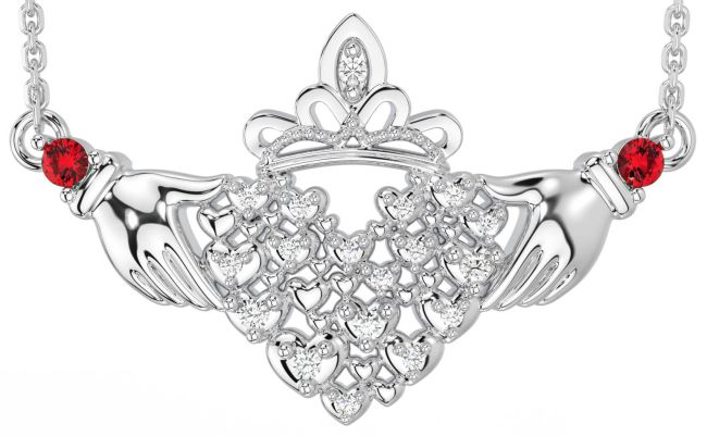 Diamant Robijn Wit Goud Claddagh Halsketting