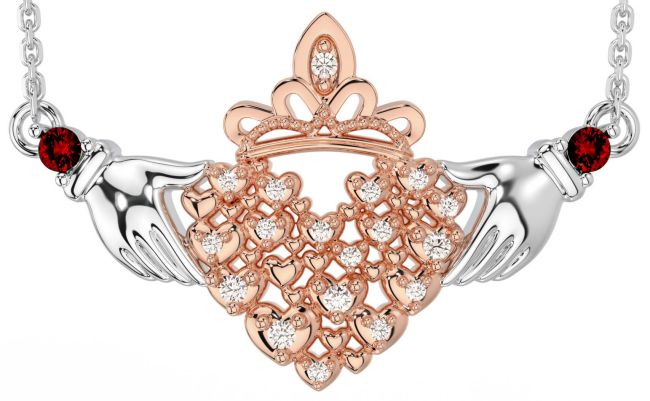 Diamond Garnet White Rose Gold Claddagh Necklace