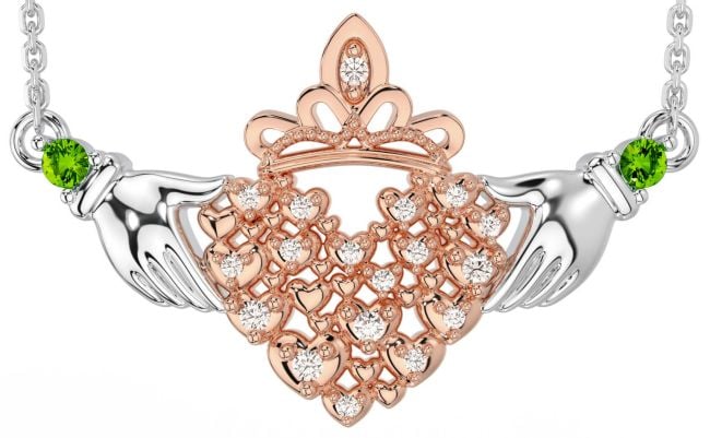 Diamond Peridot White Rose Gold Claddagh Necklace