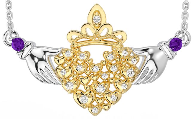 Diamond Amethyst White Yellow Gold Claddagh Necklace