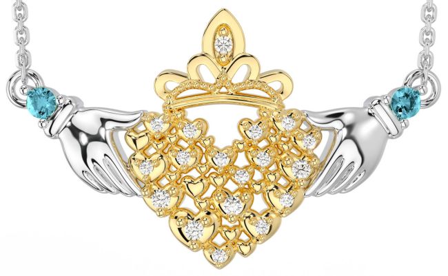 Diamond Aquamarine White Yellow Gold Claddagh Necklace