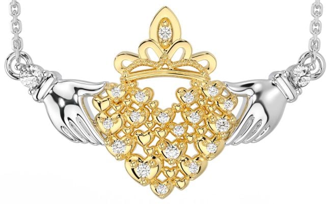 Diamond White Yellow Gold Claddagh Necklace