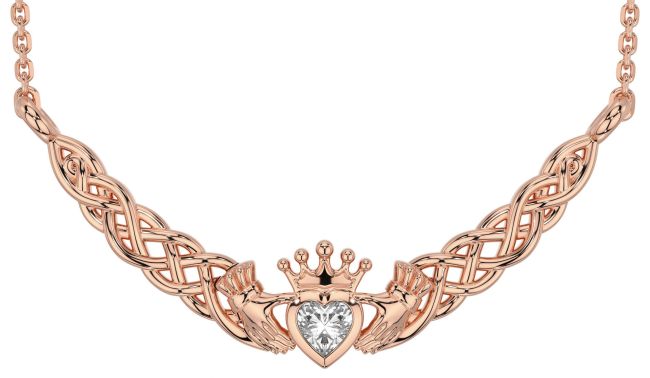 Diamond Rose Gold Silver Celtic Claddagh Necklace