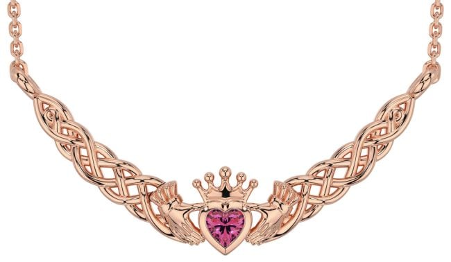 Pink Tourmaline Rose Gold Silver Celtic Claddagh Necklace