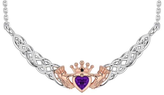 Amethyst Rose Gold Silver Celtic Claddagh Necklace