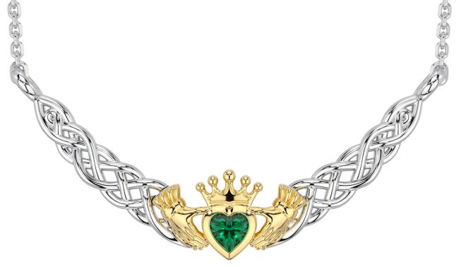 Emerald Gold Silver Celtic Claddagh Necklace