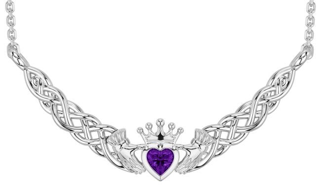 Amethyst White Gold Celtic Claddagh Necklace