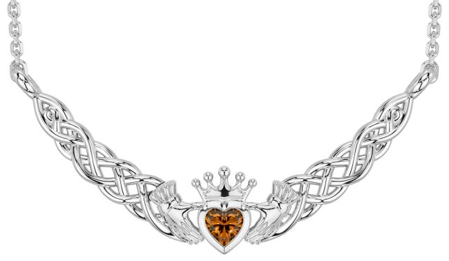 Citrine White Gold Celtic Claddagh Necklace