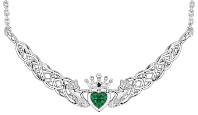 Emerald White Gold Celtic Claddagh Necklace