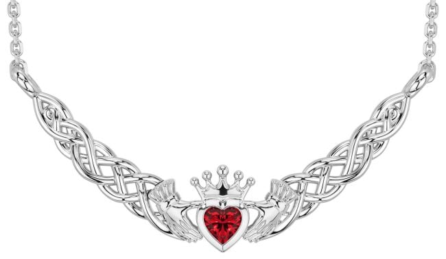 Ruby White Gold Celtic Claddagh Necklace