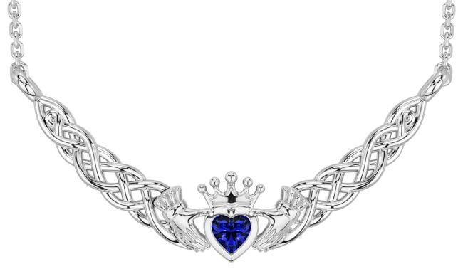 Sapphire White Gold Celtic Claddagh Necklace