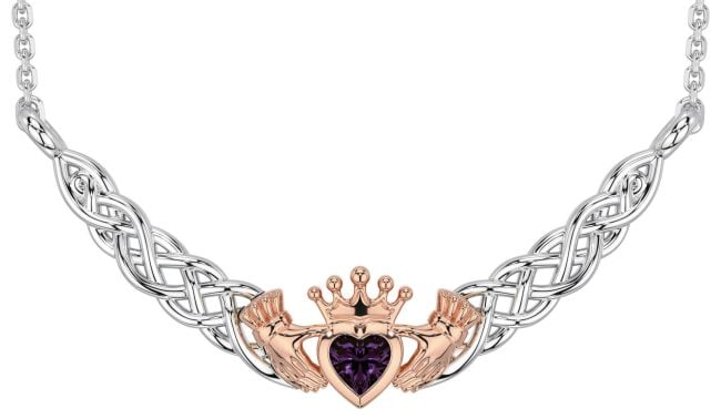 Alexandrite White Rose Gold Celtic Claddagh Necklace