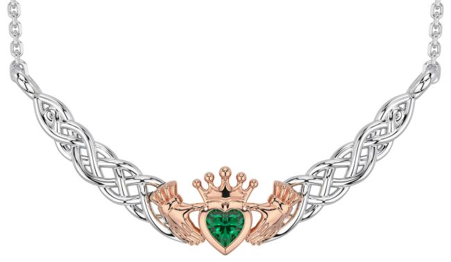 Emerald White Rose Gold Celtic Claddagh Necklace