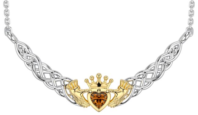 Citrine White Yellow Gold Celtic Claddagh Necklace