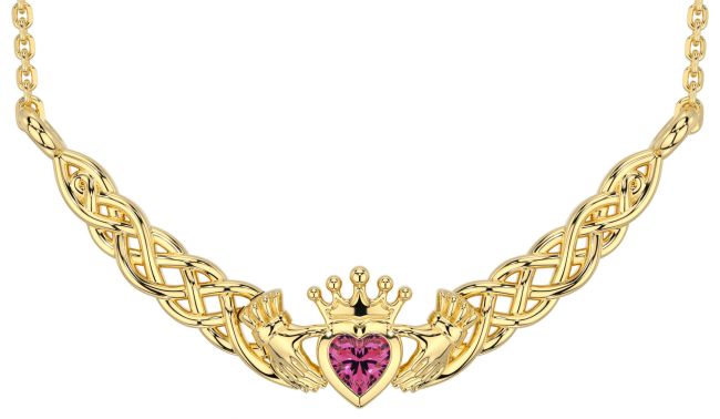 Pink Tourmaline Gold Celtic Claddagh Necklace