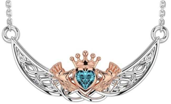 Aquamarine Rose Gold Silver Celtic Claddagh Necklace