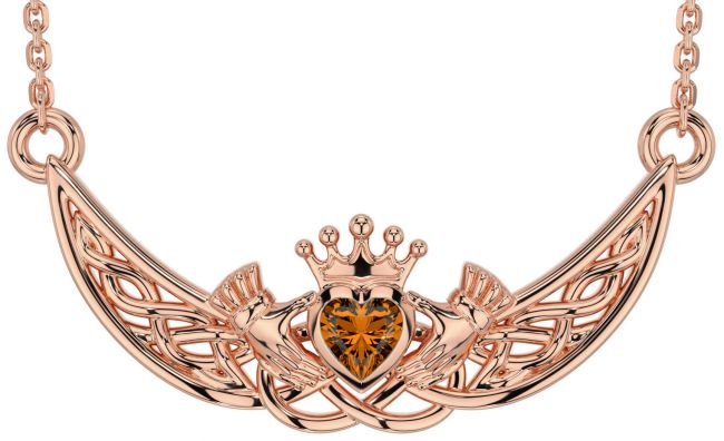 Citrine Rose Gold Celtic Claddagh Necklace