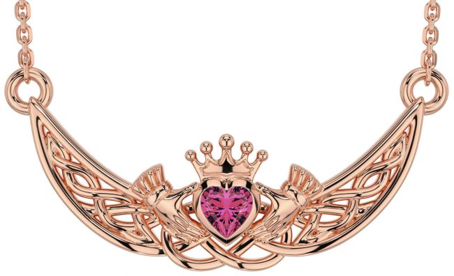 Pink Tourmaline Rose Gold Celtic Claddagh Necklace