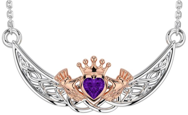 Amethyst Rose Gold Silver Celtic Claddagh Necklace