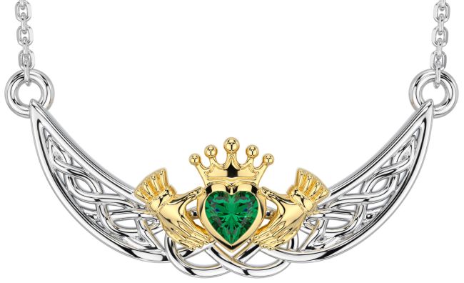 Emerald Gold Silver Celtic Claddagh Necklace