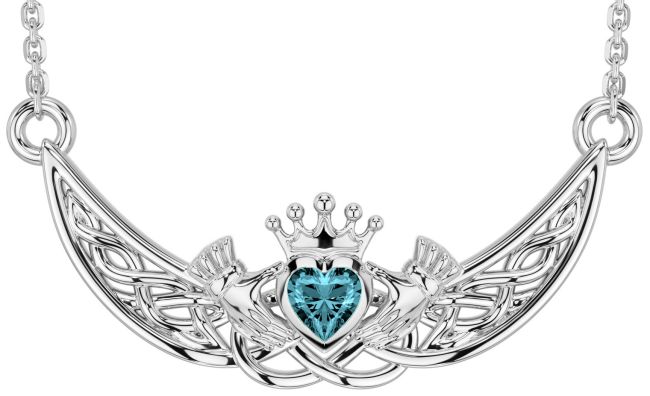 Aquamarine White Gold Celtic Claddagh Necklace