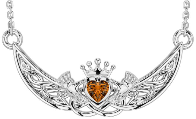 Citrine White Gold Celtic Claddagh Necklace