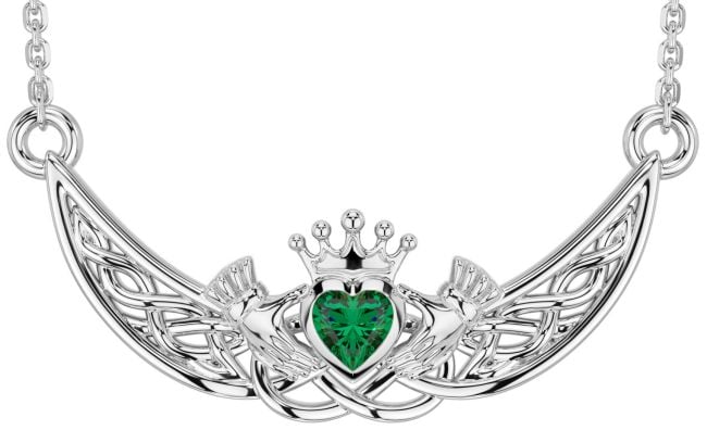 Emerald White Gold Celtic Claddagh Necklace