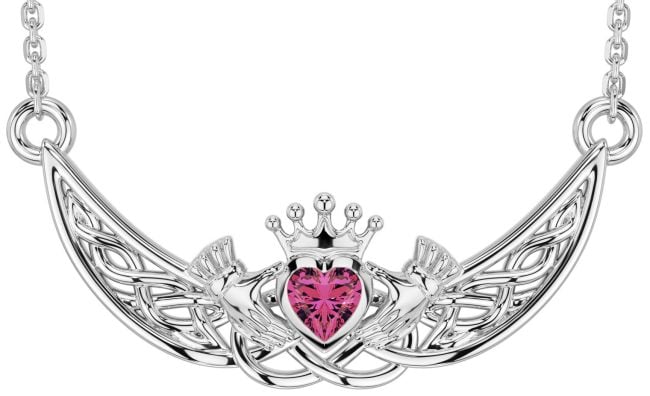 Pink Tourmaline White Gold Celtic Claddagh Necklace