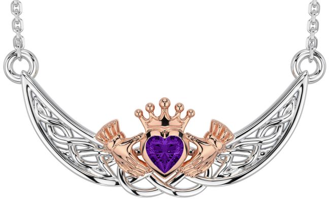 Amethyst White Rose Gold Celtic Claddagh Necklace