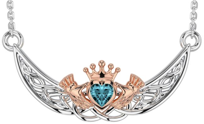 Aquamarine White Rose Gold Celtic Claddagh Necklace