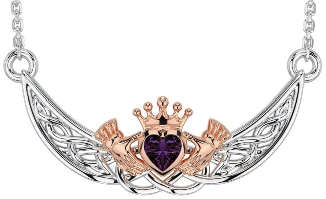 Alexandrite White Rose Gold Celtic Claddagh Necklace
