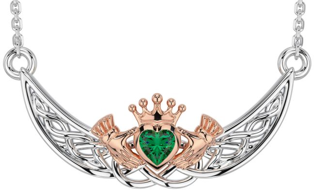 Emerald White Rose Gold Celtic Claddagh Necklace
