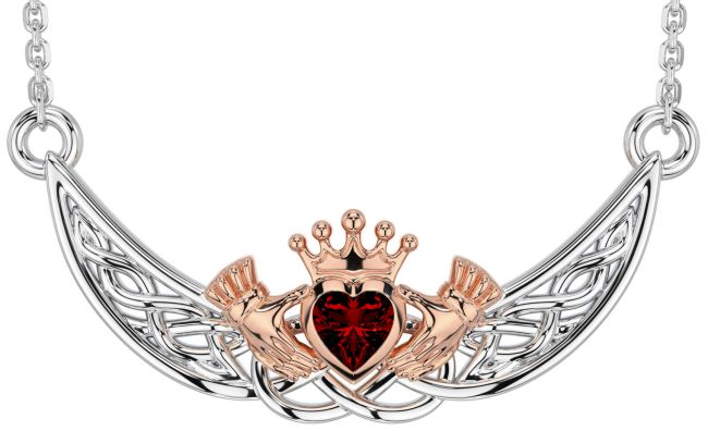 Garnet White Rose Gold Celtic Claddagh Necklace
